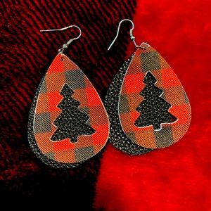 Red Buffalo plaid Christmas tree earrings